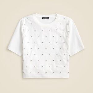 J.CREW RELAXED LATTICE-EMBELLISHED CROPPED T-SHIRT. SIZE: S. COLOR: WHITE.